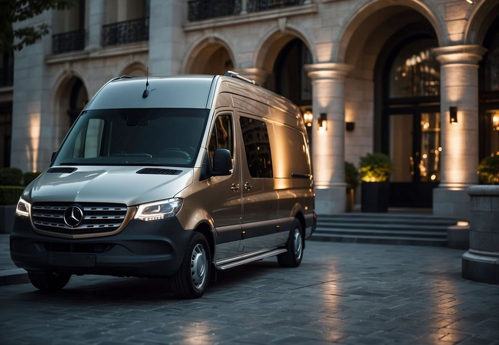 A Mercedes Sprinter van parked in front of a luxury hotel, with a chauffeur opening the door for a passenger. The van is sleek and modern, with tinted windows and a polished exterior