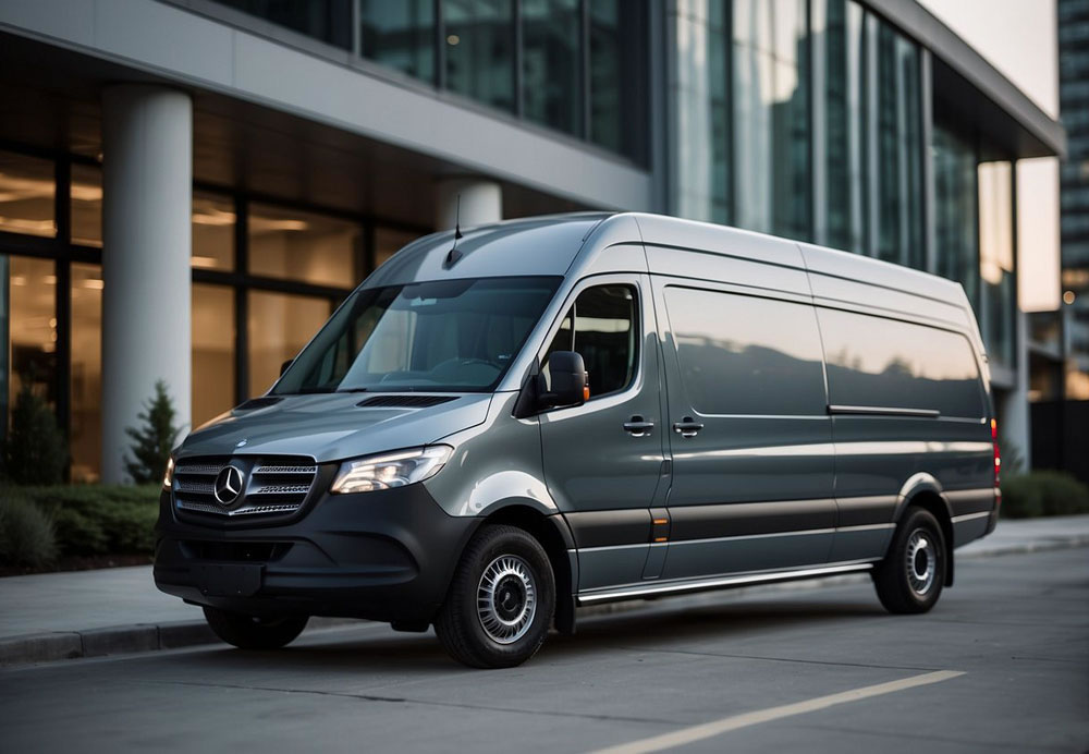 A sleek Mercedes Sprinter van parked in front of a modern building, with its sleek design and professional appearance, making it the perfect choice for executive transportation