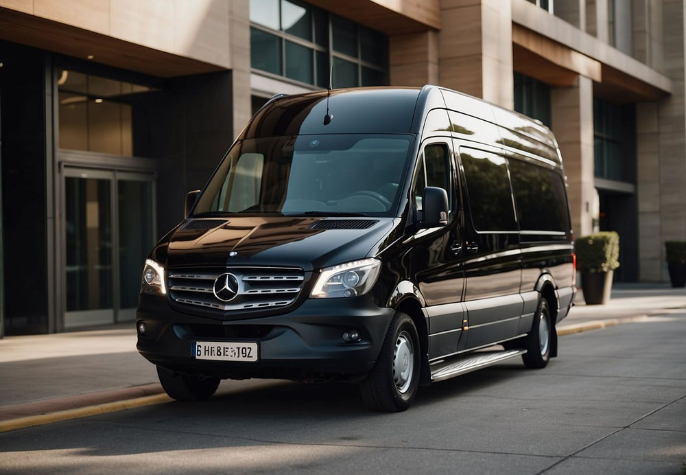 A sleek Mercedes Sprinter van pulls up to a luxury hotel entrance, ready to transport VIP clients in style