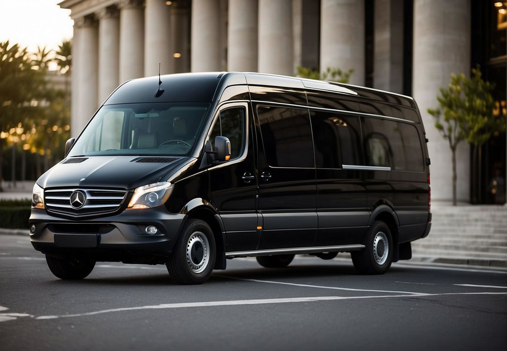 A Mercedes Sprinter Van pulls up to a luxurious event venue, its sleek exterior and tinted windows exuding sophistication. The van's logo gleams in the sunlight, hinting at the high-end executive transportation it offers for special events and group outings
