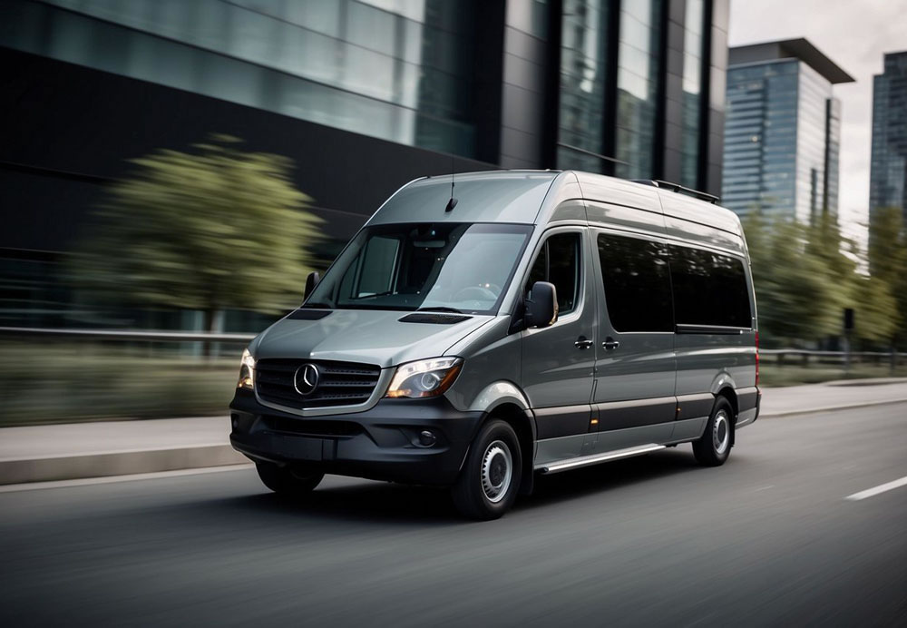 A Mercedes Sprinter van with customizable features, sleek exterior, and spacious interior. Ideal for executive transportation