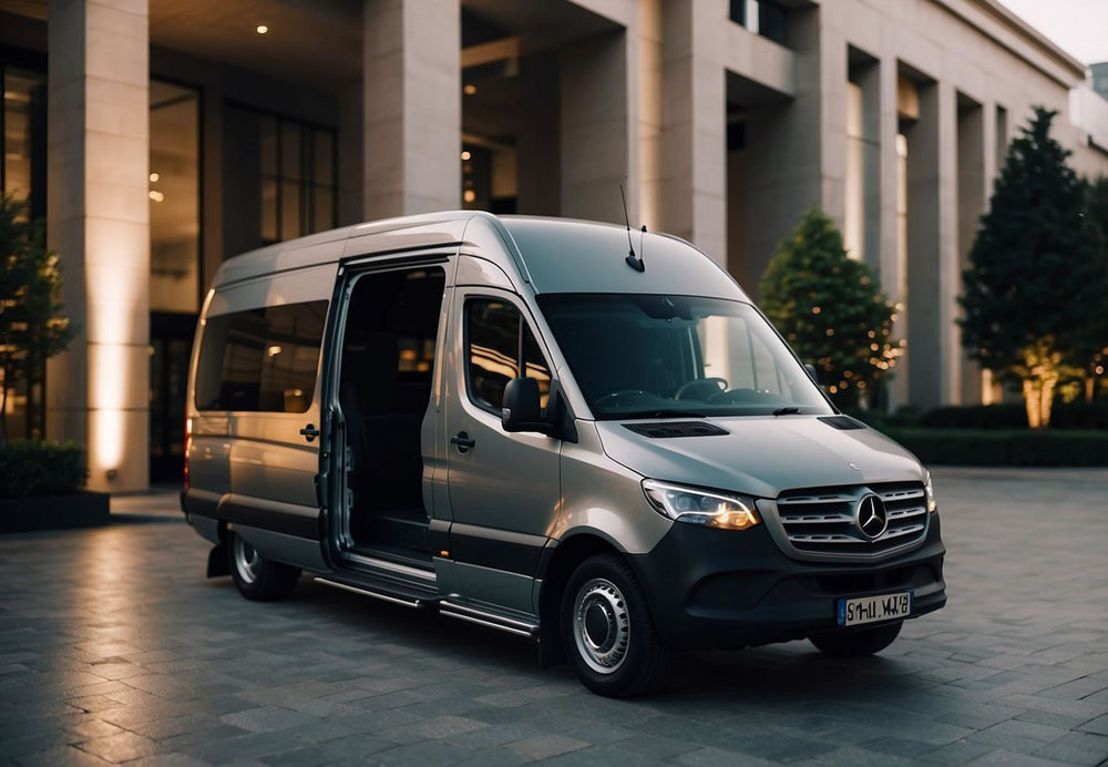 A Mercedes Sprinter van parked in front of a luxury hotel, with a chauffeur opening the door for a passenger