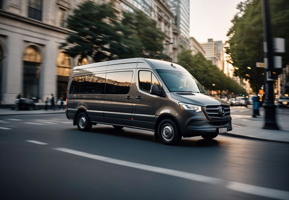 A sleek Mercedes Sprinter van cruises through a bustling city, passing by iconic landmarks and trendy urban destinations