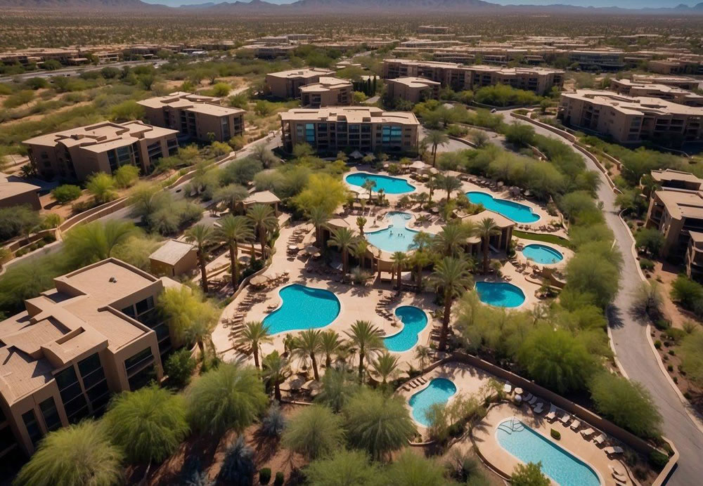 Aerial view of 10 luxury resorts in Phoenix, Arizona. Each resort is surrounded by lush greenery and features modern architecture and amenities. Accessible by well-maintained roads and private transportation