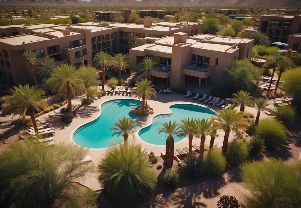 Aerial view of the top 10 luxury resorts in Phoenix, Arizona, surrounded by lush desert landscapes, sparkling pools, and upscale amenities