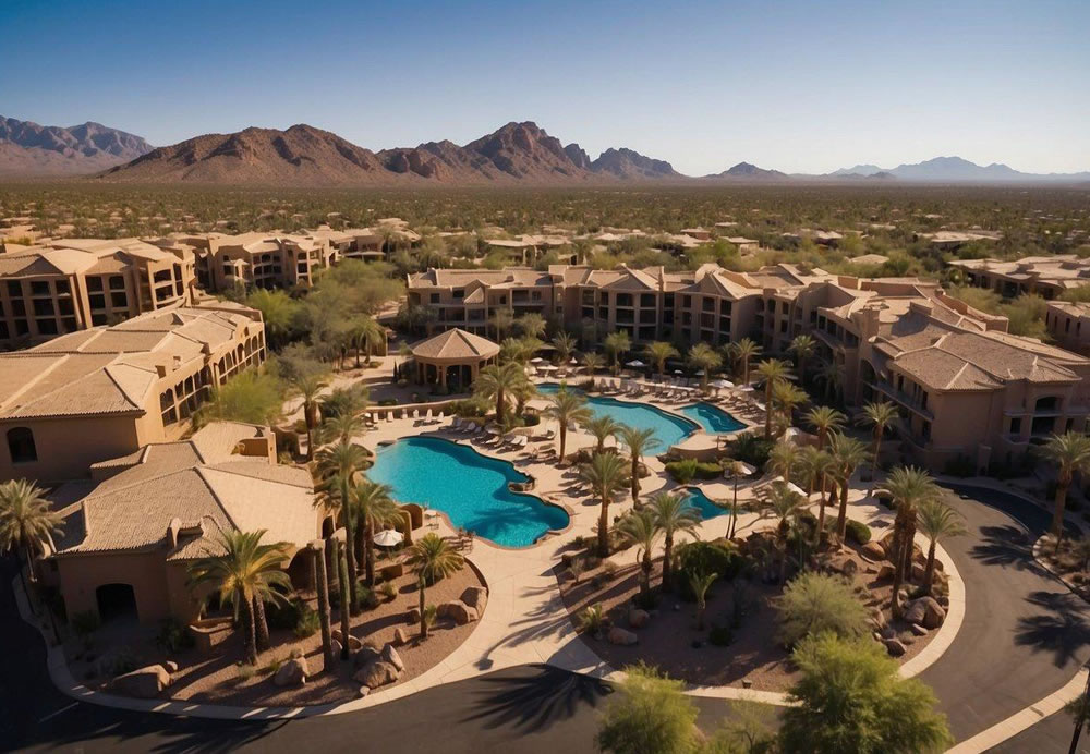 Aerial view of 10 opulent resorts nestled in the desert landscape of Phoenix, Arizona. Each resort boasts lavish amenities and stunning architecture, surrounded by palm trees and shimmering pools