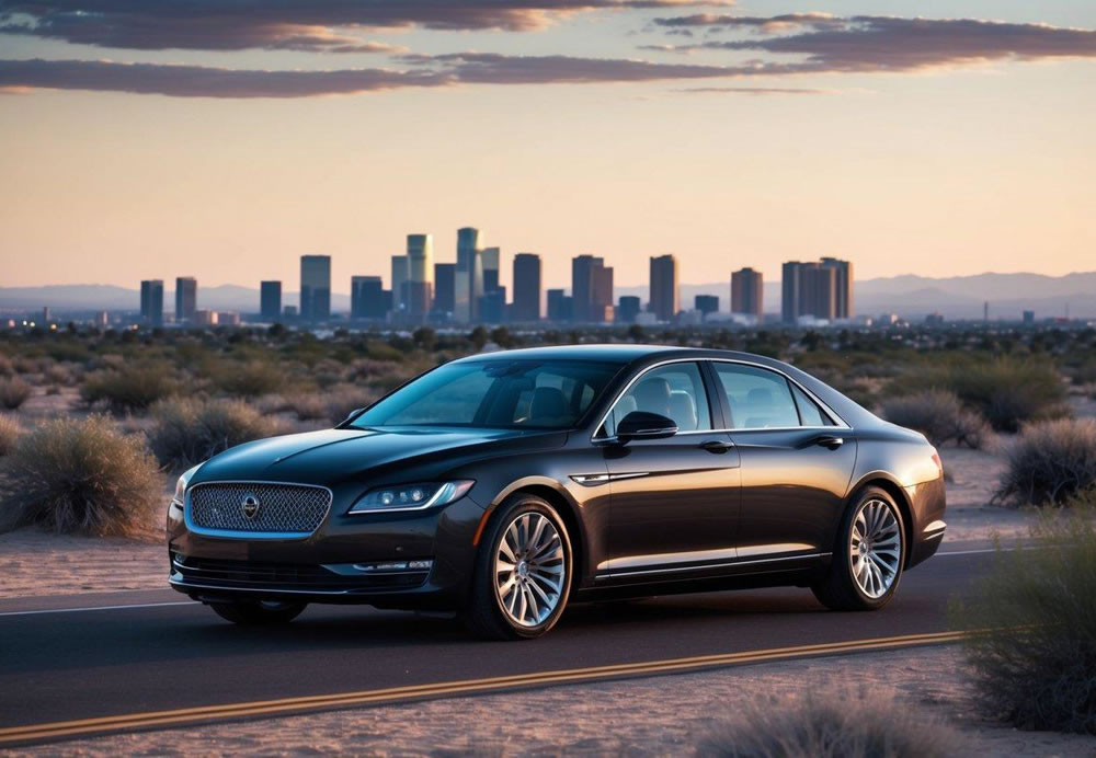 A sleek luxury sedan glides through the desert landscape of Phoenix, with the city skyline in the background. The car exudes elegance and sophistication, perfect for executive travel