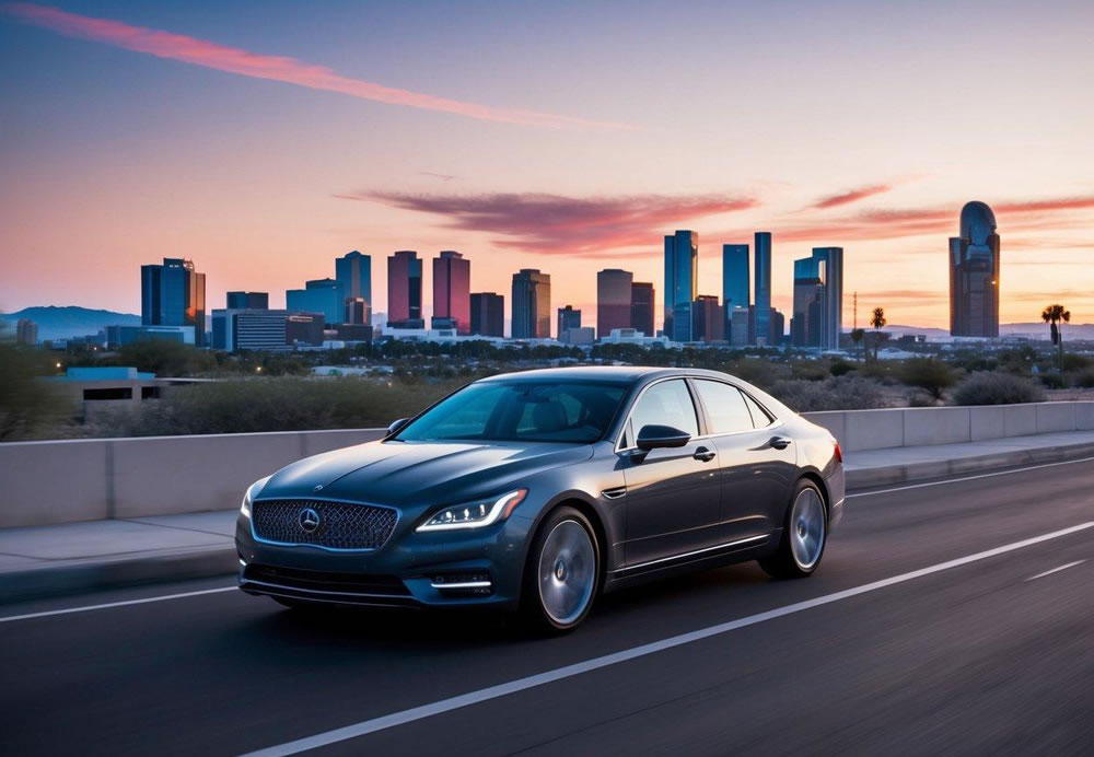 Luxury sedan driving through modern urban Phoenix skyline at dusk