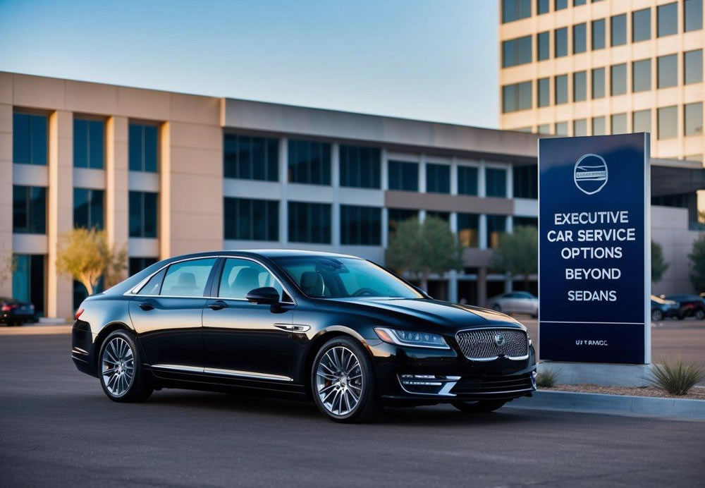 A sleek, black luxury sedan pulls up to a modern office building in downtown Phoenix. The car is parked in front of a sign that reads "Executive Car Service Options Beyond Sedans."