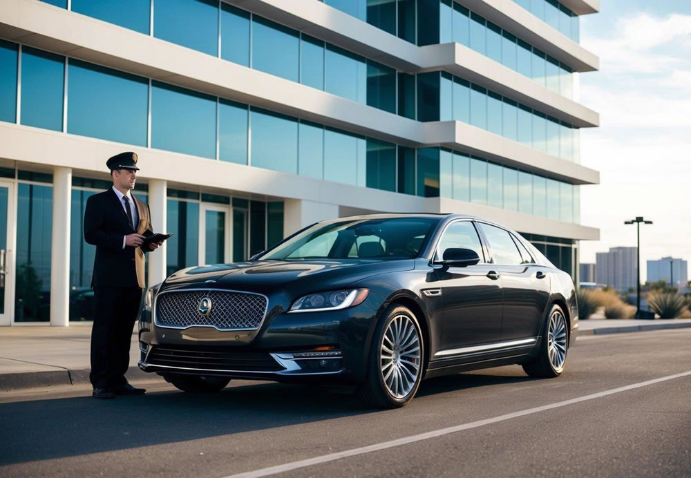 A sleek luxury sedan pulls up to a modern office building in downtown Phoenix. A professional driver stands by, ready to assist with executive travel services