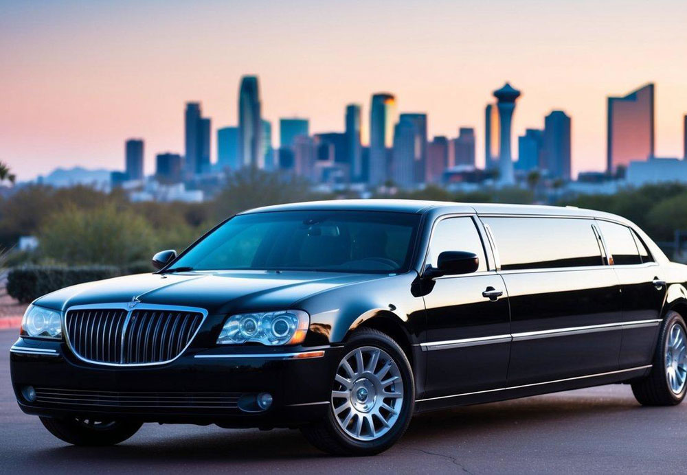 A sleek, black limousine parked in front of a luxury hotel with the Phoenix skyline in the background