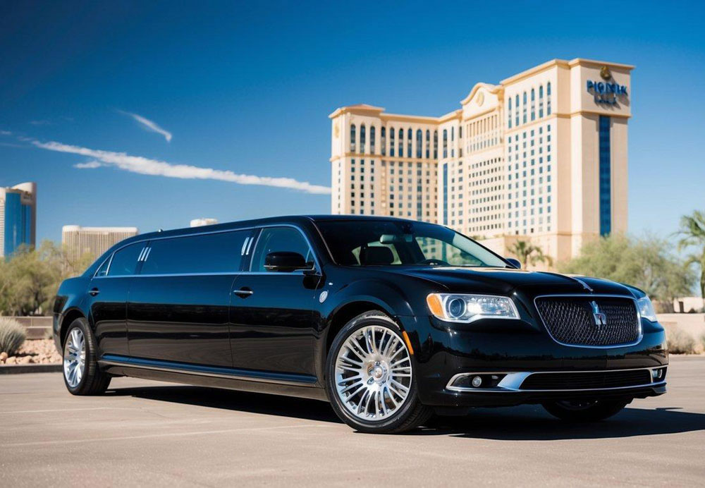 A sleek black limousine parked in front of a luxury hotel, with the Phoenix skyline in the background, under a clear blue sky