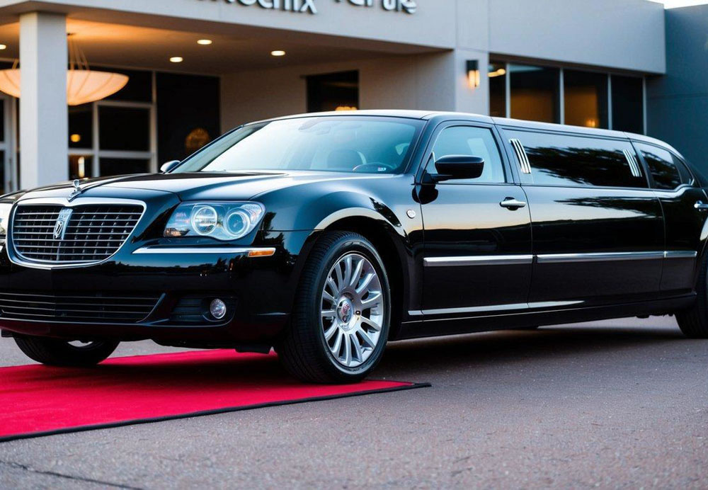 A sleek black limousine parked outside a luxurious event venue in Phoenix, Arizona, with a red carpet leading up to the entrance