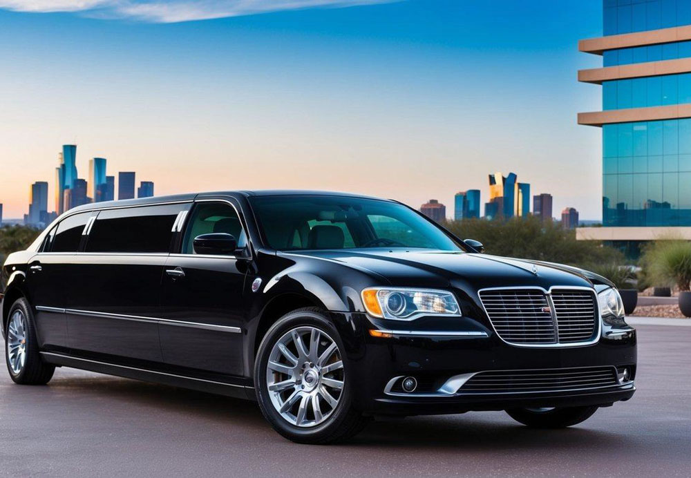 A sleek black limousine parked in front of a modern building with the Phoenix skyline in the background