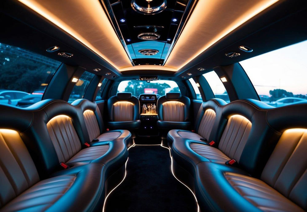 A luxurious limo interior with plush leather seats, ambient lighting, and a mini bar, providing a level of comfort and amenities unmatched by Uber or Lyft