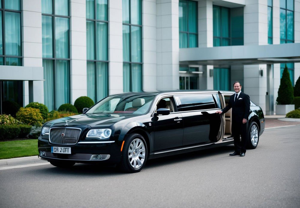 A sleek limousine parked in front of a luxury hotel, with a chauffeur standing by the open door, ready to assist passengers