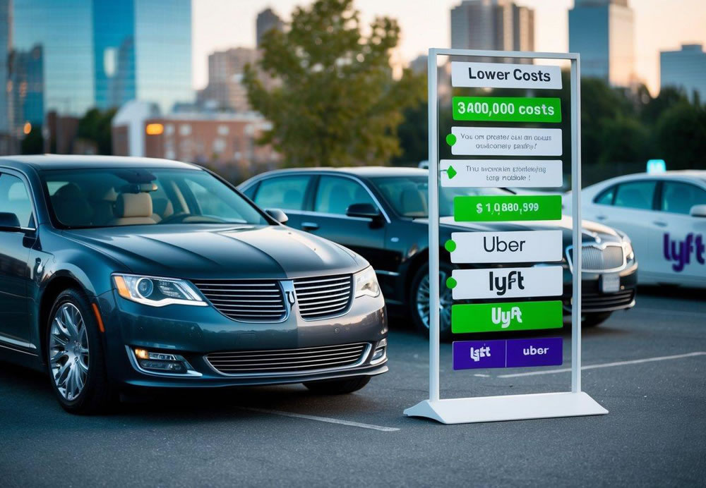 A sleek limo parked next to a price comparison chart showing lower costs and transparent pricing, while an Uber and Lyft car sit in the background