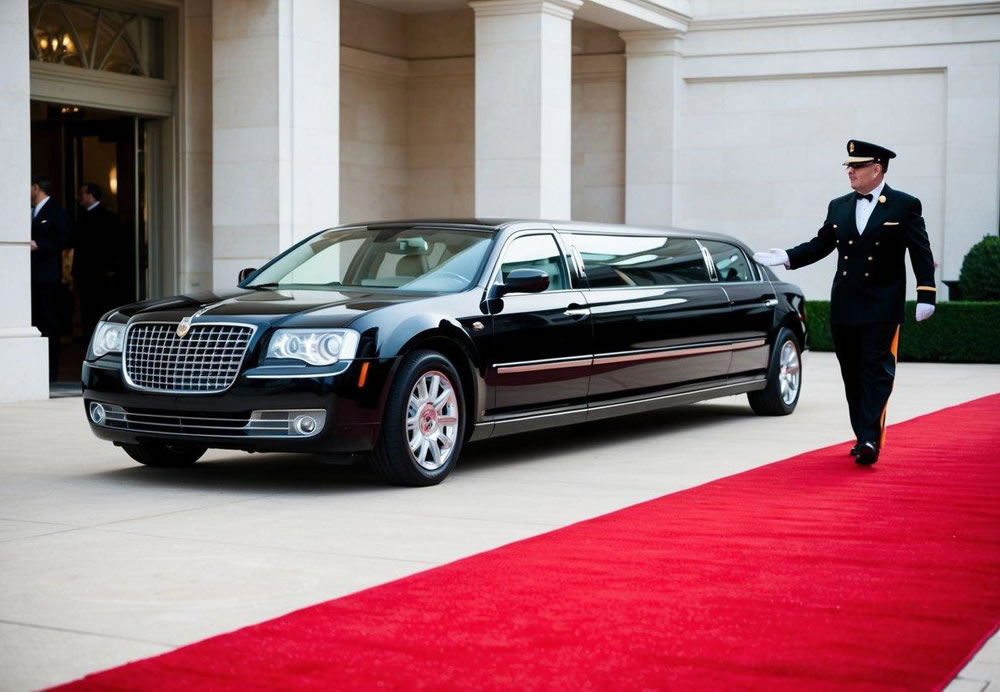 A luxurious limousine pulling up to a grand event venue, with a red carpet leading to the entrance and a uniformed chauffeur holding the door open