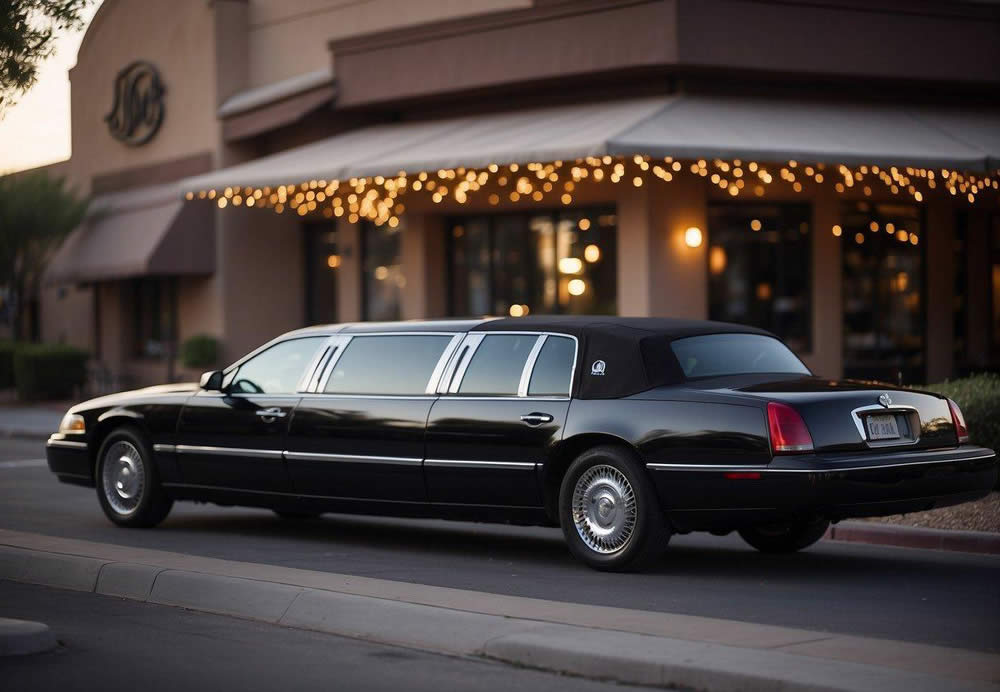 A sleek limousine pulls up to a row of upscale restaurants in Phoenix, Arizona. The city skyline glows in the background as the chauffeur opens the door for the arriving guests