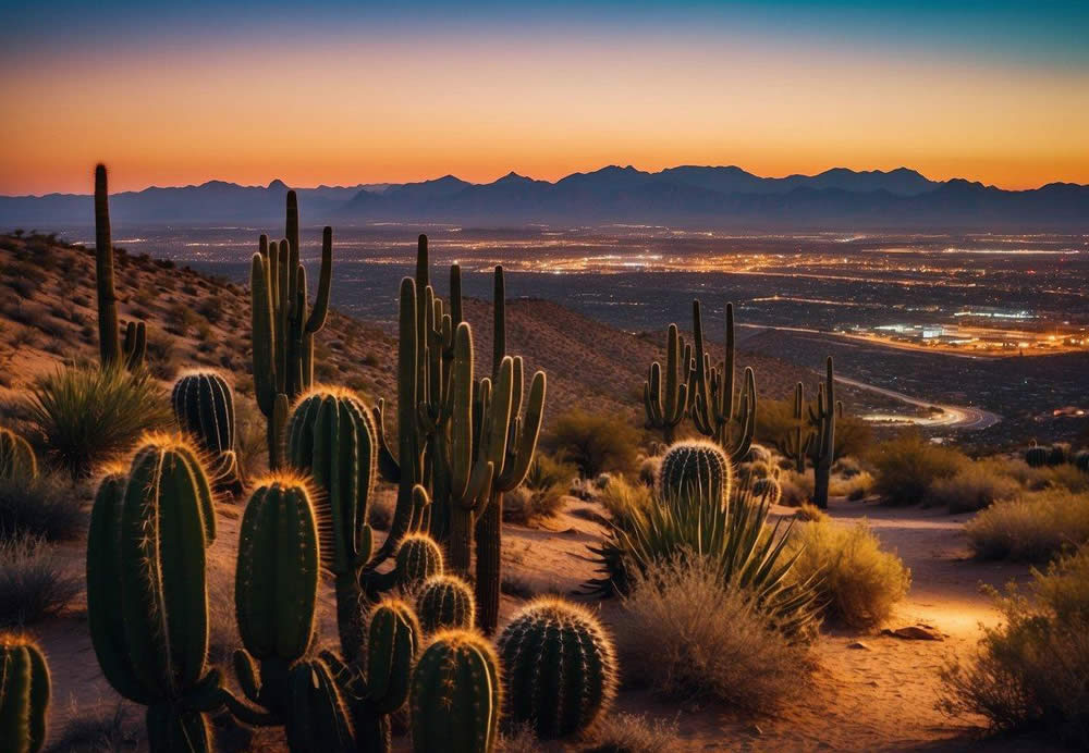 A bustling cityscape with a mix of modern and historic buildings, surrounded by desert landscapes and cacti, with a vibrant sunset in the background