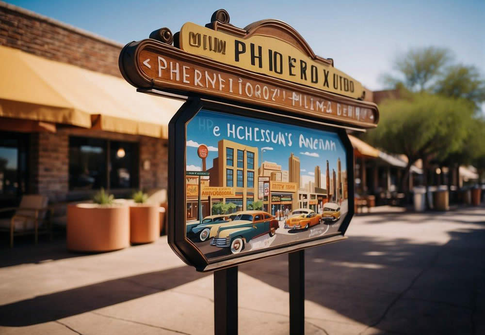 A bustling cityscape with vibrant restaurant signs lining the streets, showcasing the diverse food scene of Phoenix, Arizona