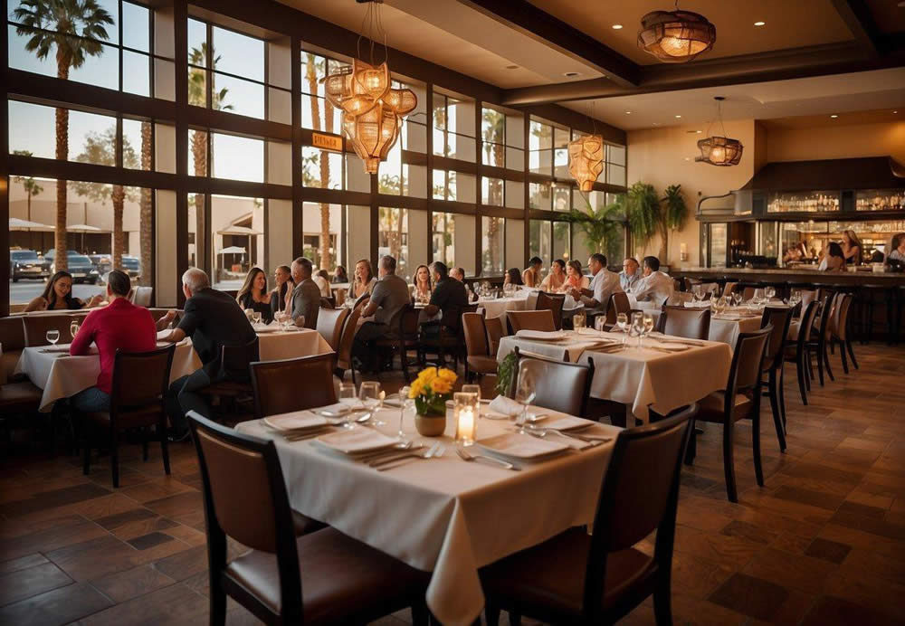 A bustling dining scene in Phoenix, Arizona. Award-winning restaurants with vibrant atmospheres and exquisite cuisine. Notable venues filled with happy patrons enjoying top-notch dining experiences