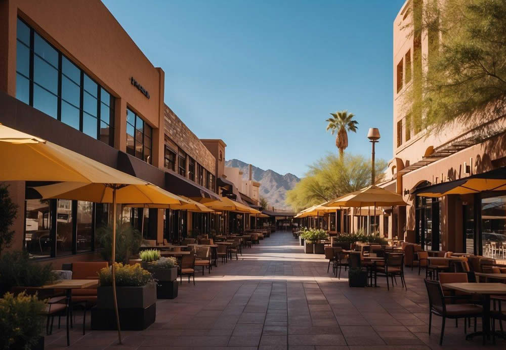 A bustling cityscape with 10 vibrant restaurant facades, each displaying their unique cuisine and ambiance in Phoenix, Arizona