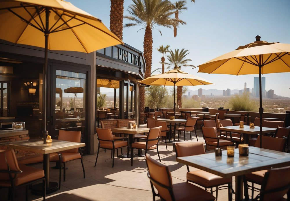 The bustling Phoenix restaurant features a vibrant outdoor patio with colorful umbrellas, surrounded by desert landscaping and a stunning view of the city skyline