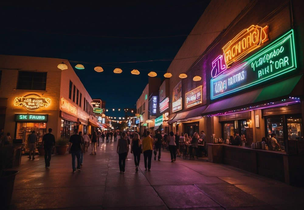 A bustling city street at night, with neon signs illuminating the top 10 restaurants and bars in Phoenix, Arizona. Patrons enjoy cocktails and lively conversation