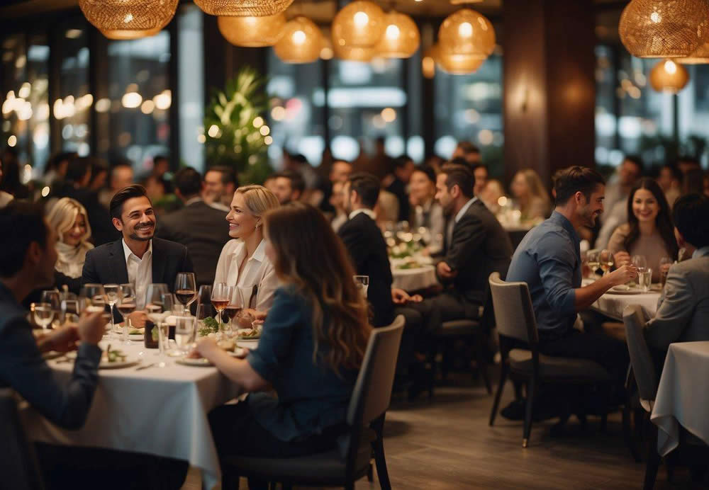 A bustling restaurant scene with elegant decor, attentive staff, and satisfied customers enjoying their meals in a vibrant atmosphere